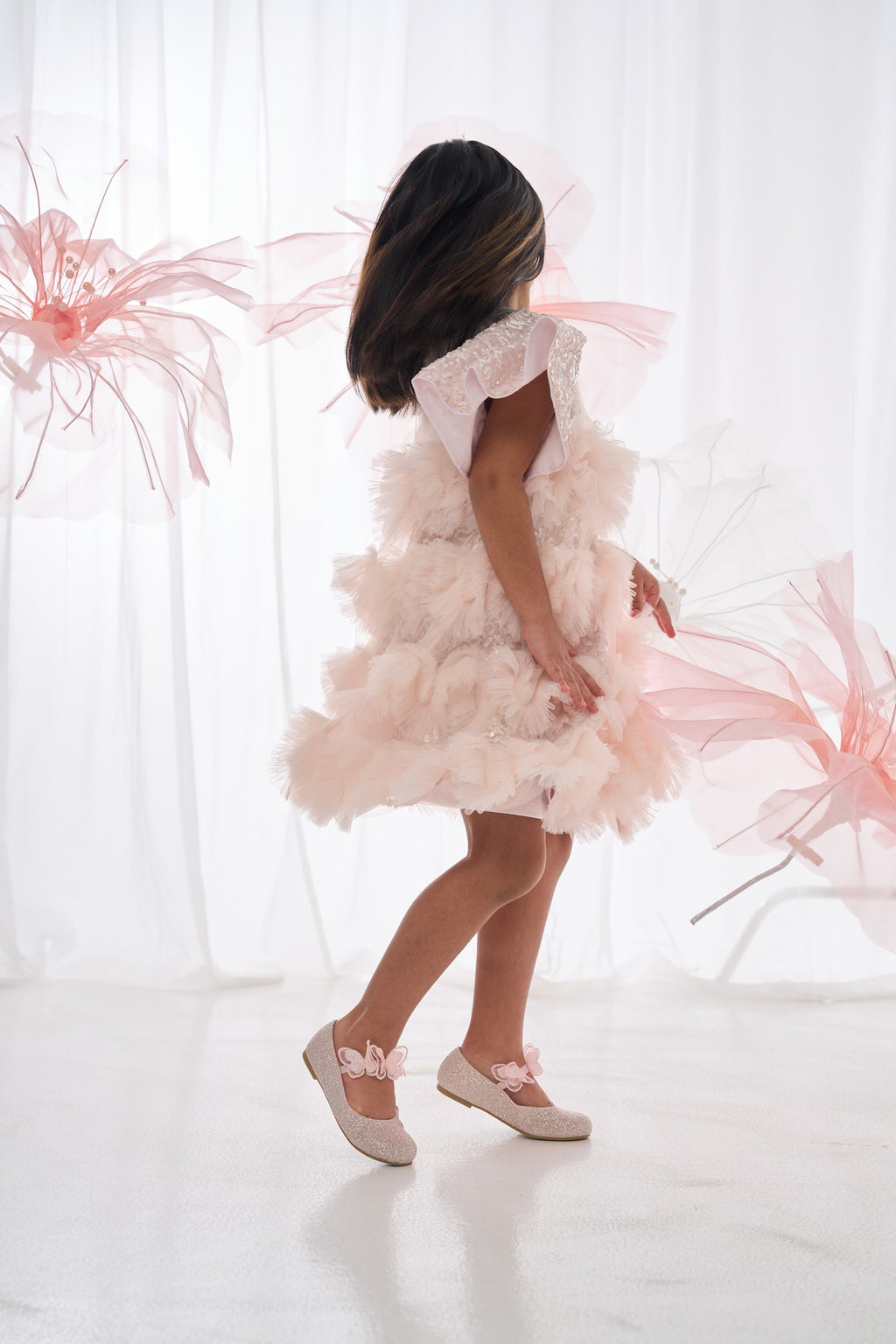 Pink Sequin Ruffle Pleat Dress