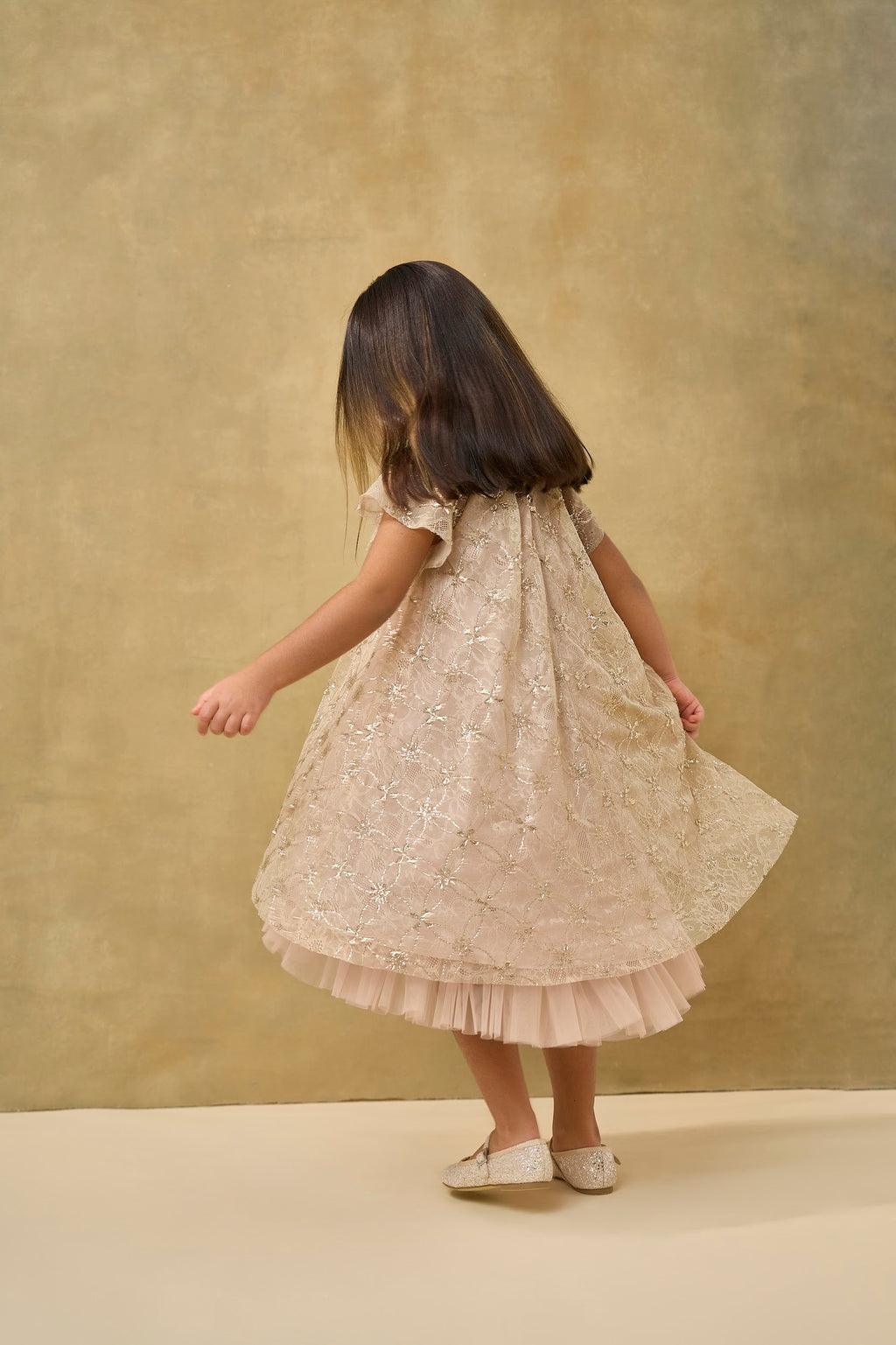 Gold Sequin Lace Mesh Volume Dress