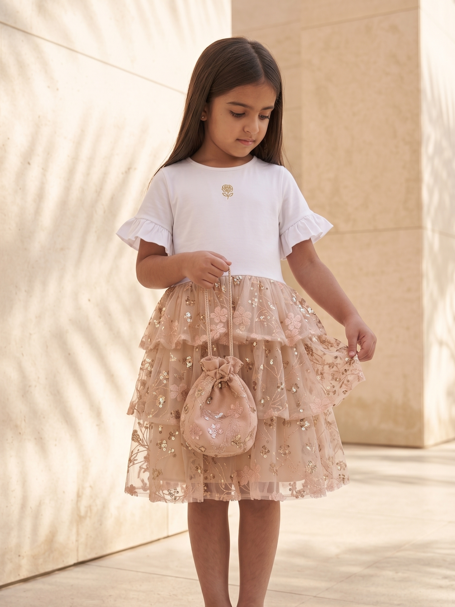 Gold Embroidered Sequin Mesh T shirt Dress