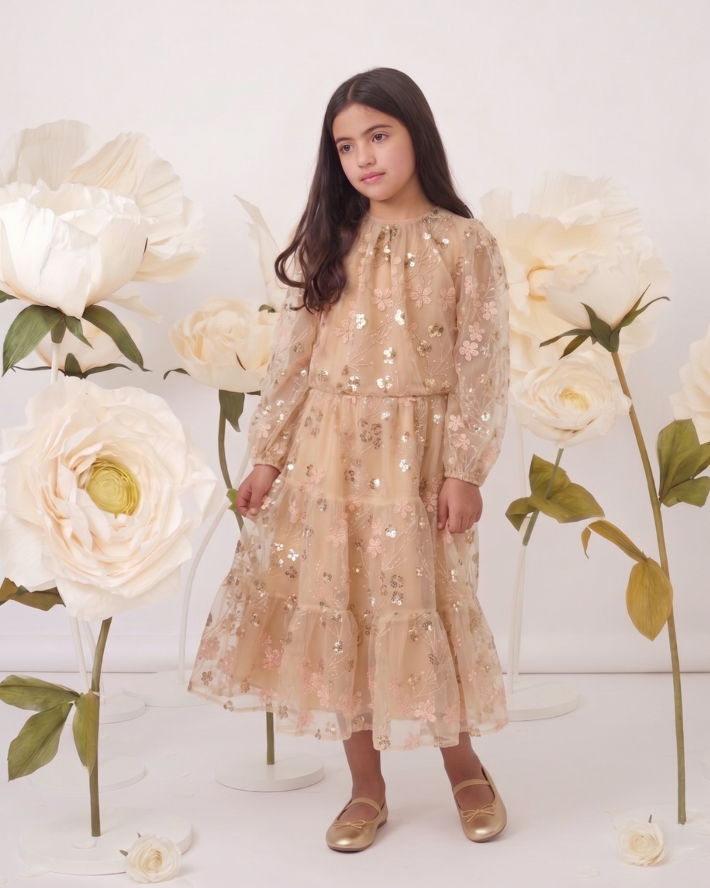 Gold Embroidered Sequin Mesh Maxi Co ord