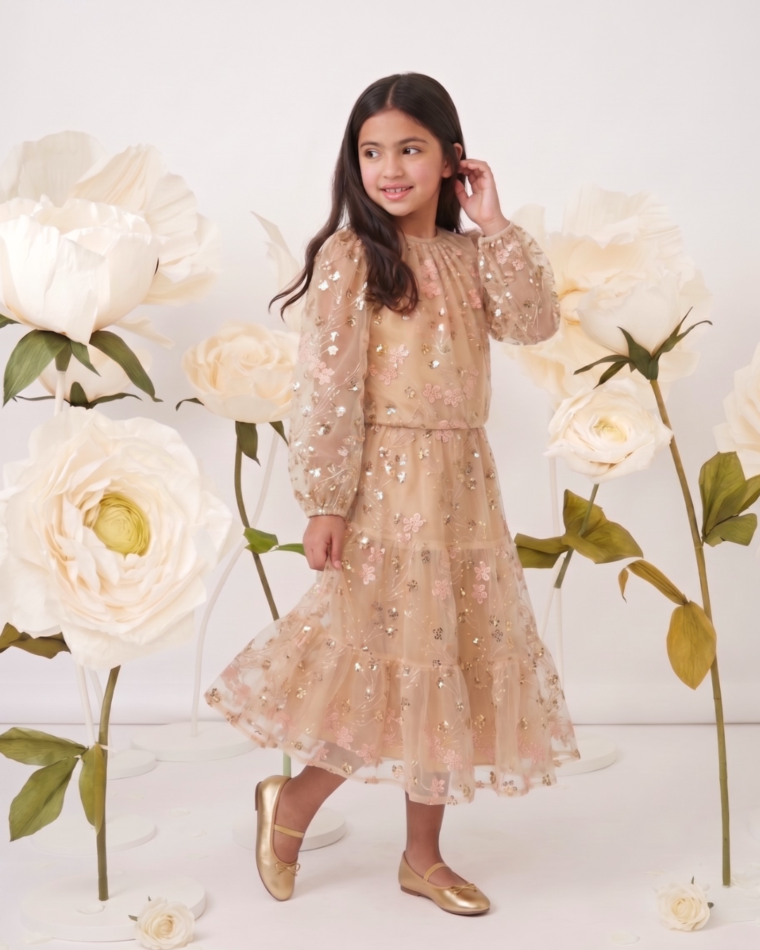 Gold Embroidered Sequin Mesh Maxi Co ord
