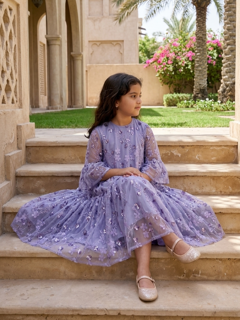Lilac Embroidered Sequin Mesh Dress